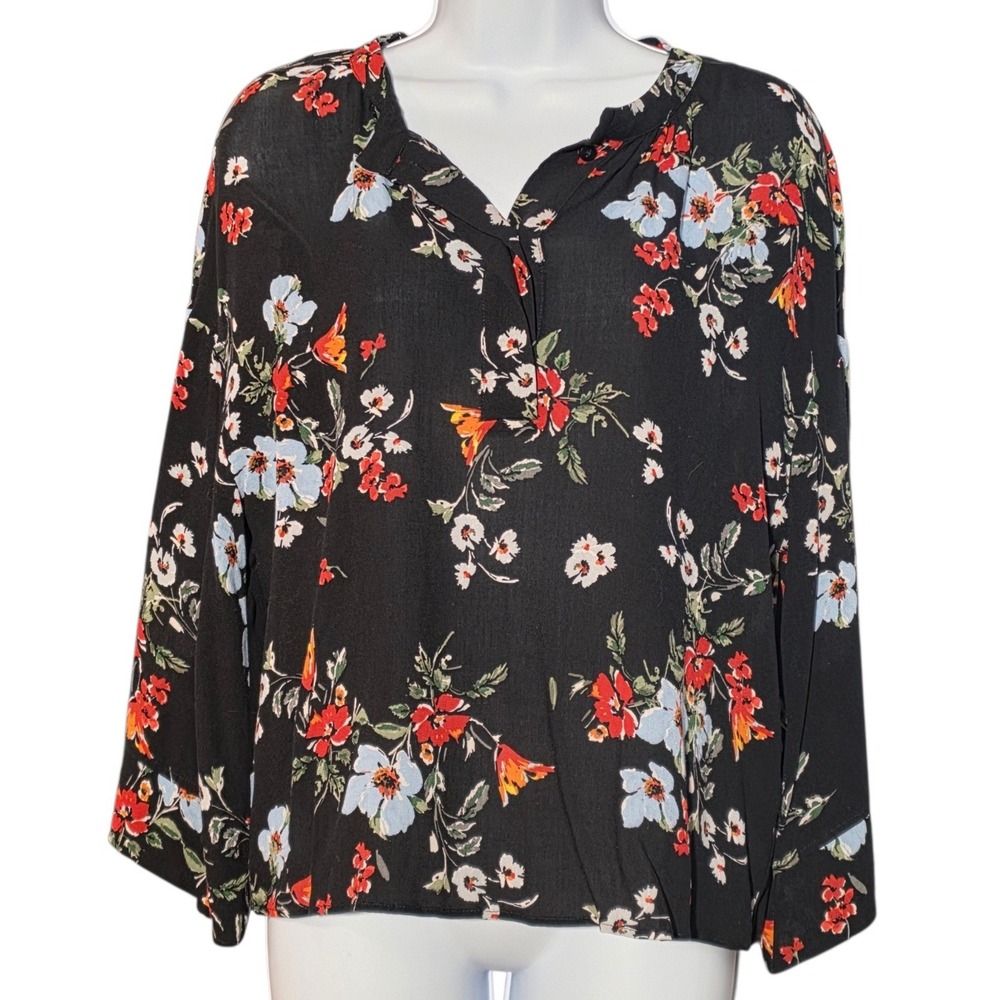 Banana Republic Womens Floral Split Neck Blouse Black Long Sleeve Rayon Small